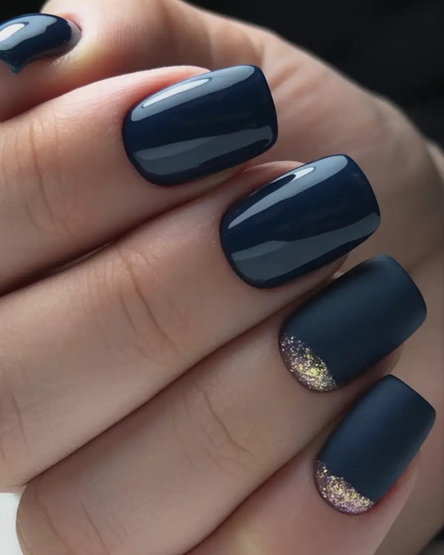 nails design square Midnight Elegance with Gold Dust