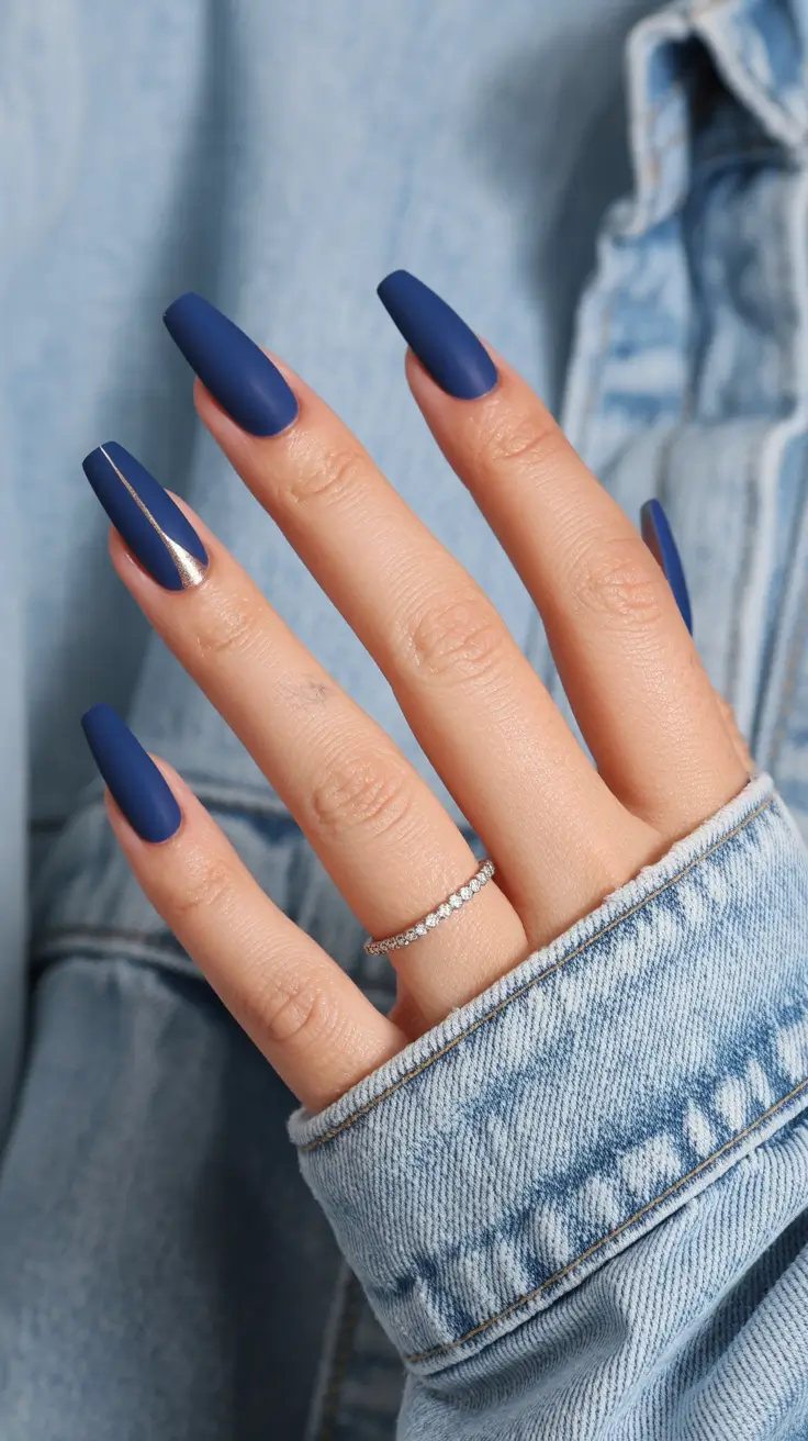 nails design blue Matte Indigo with a Metallic Line