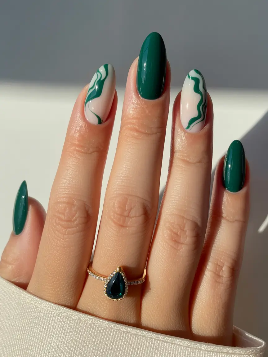 nails design almond Emerald Swirl Energy