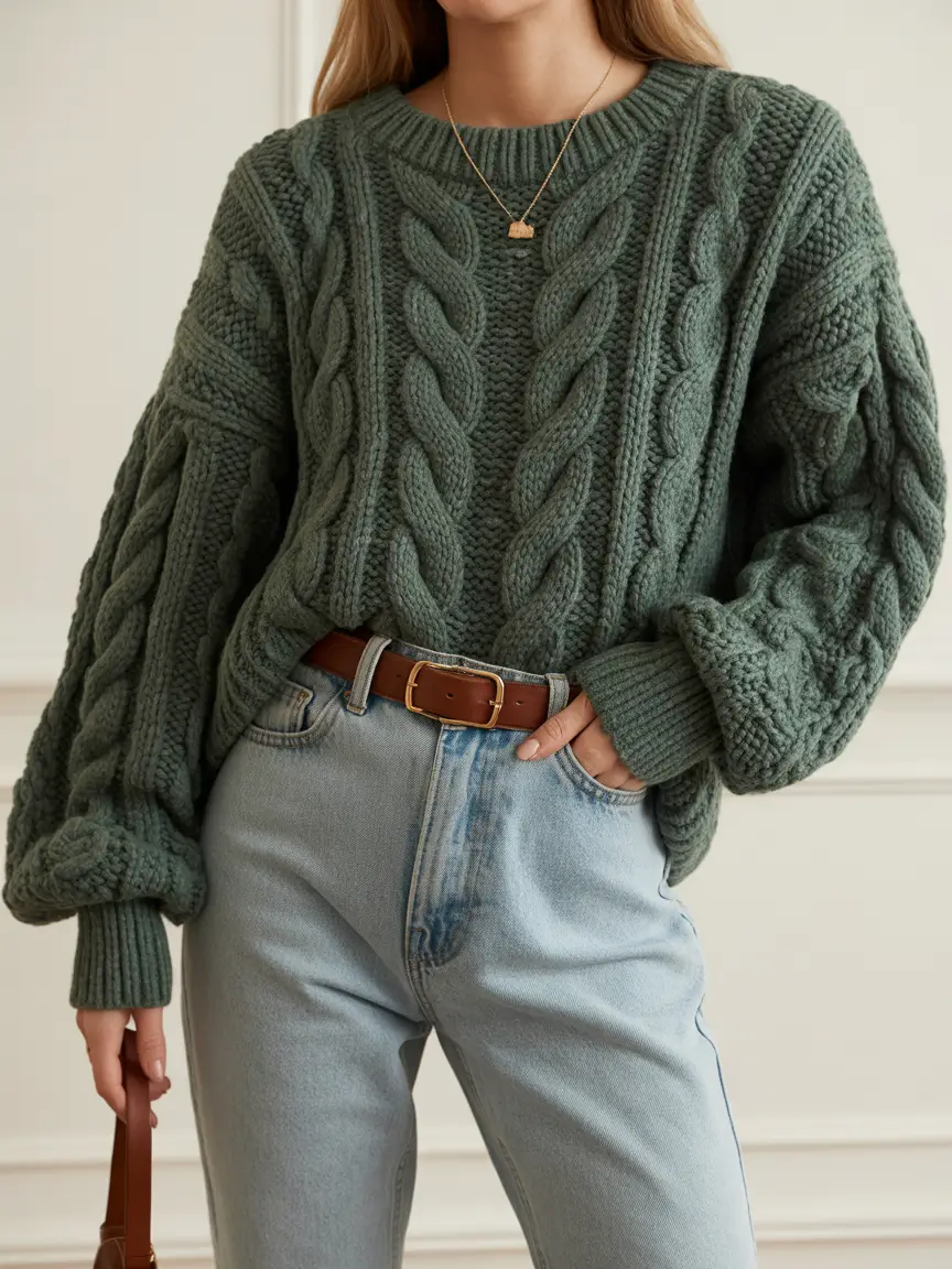 cold weather outfits comfy Green Cable Knit Calm