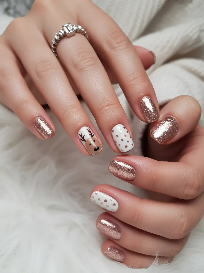 easy christmas nails simple Rose Gold Reindeer Charm