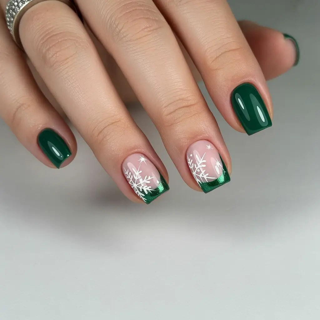 easy christmas nails short Emerald Frost French