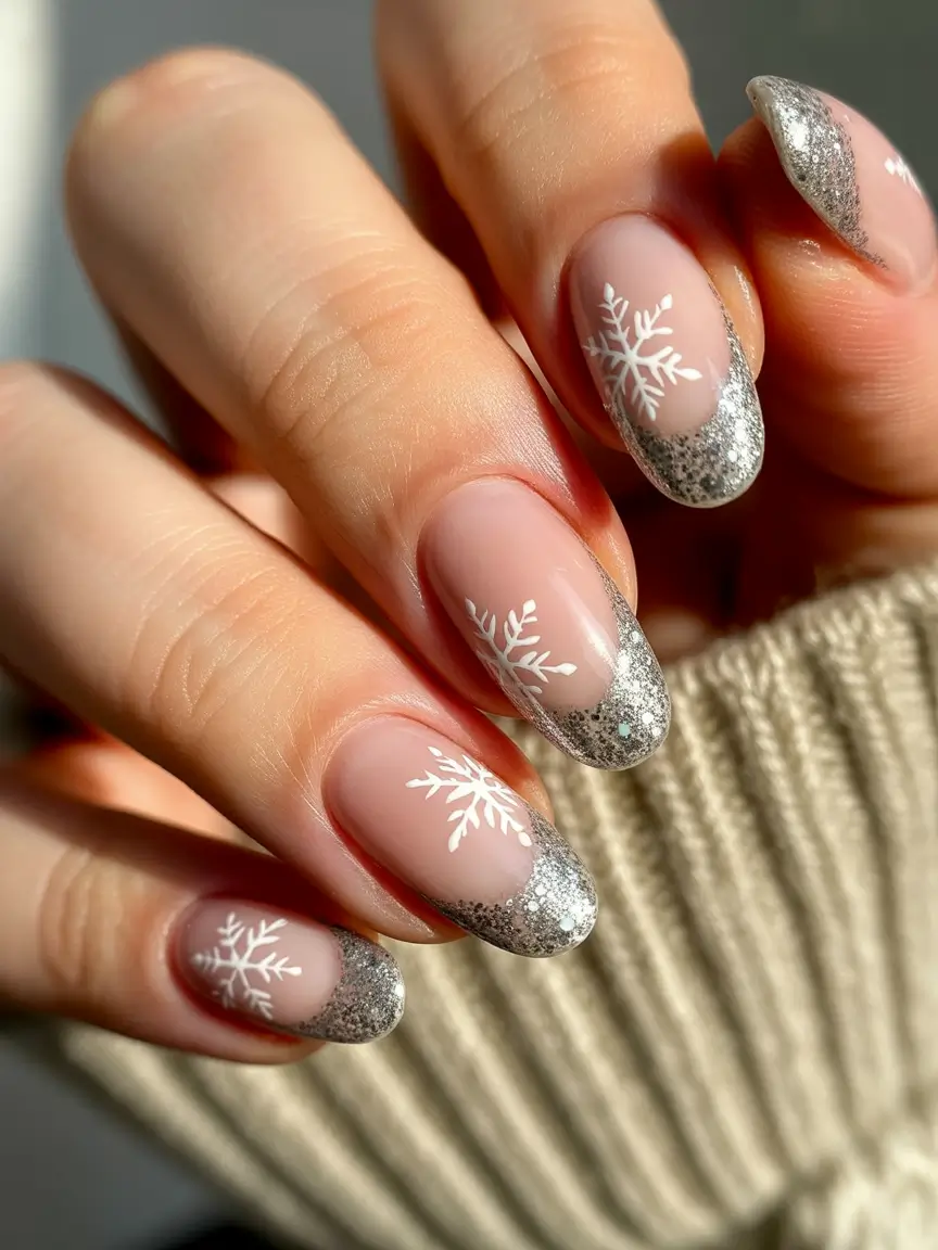 easy christmas nails design Silver Snowfall Tips
