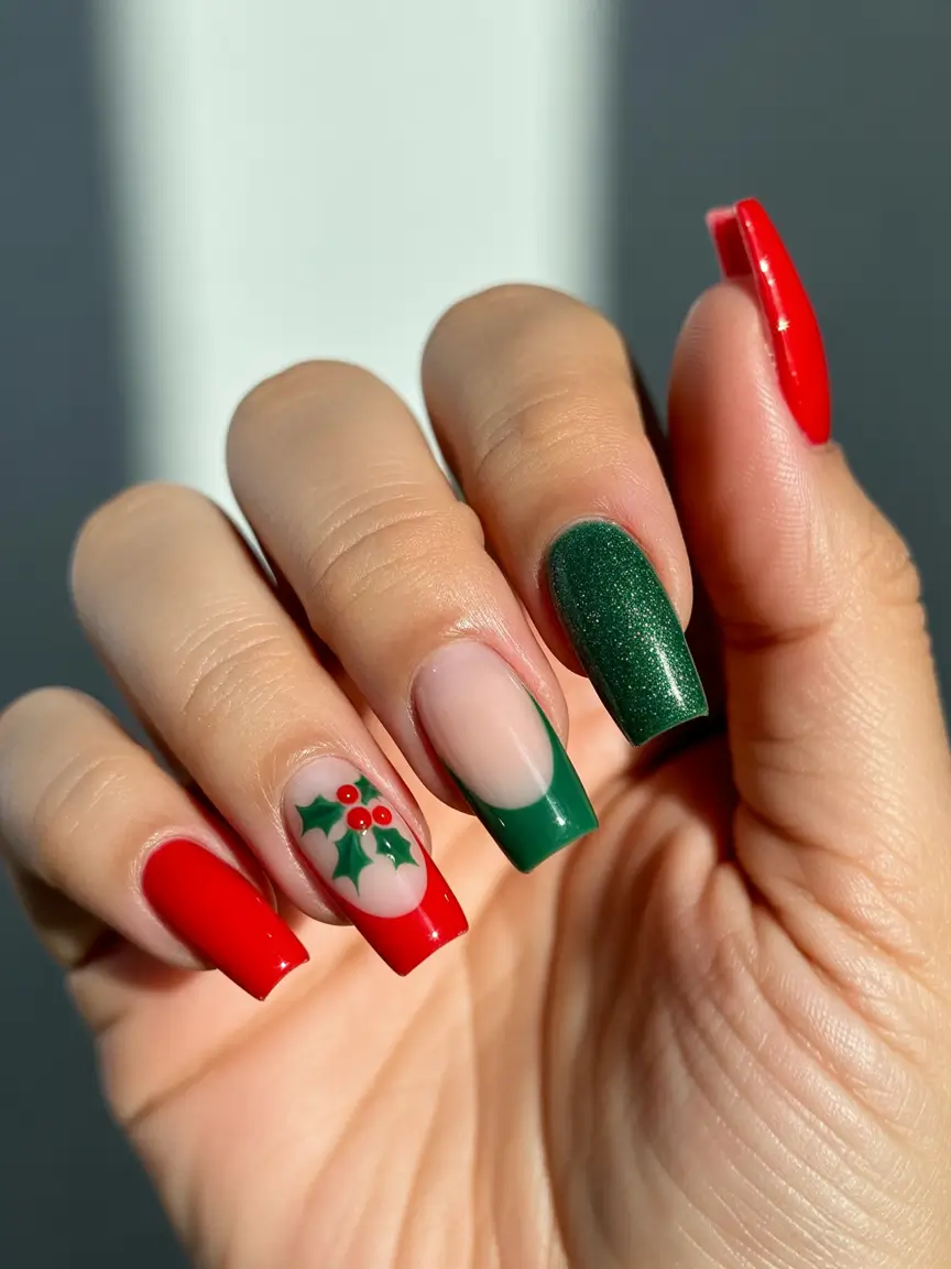easy christmas nails ideas Classic Christmas Red & Green Cheer
