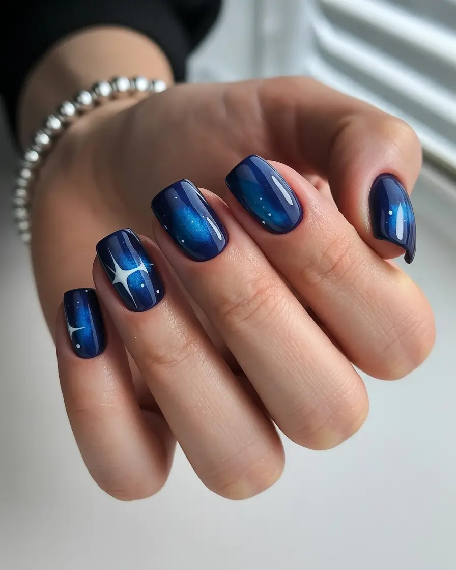 easy christmas nails blue Starry Midnight Blue Magic