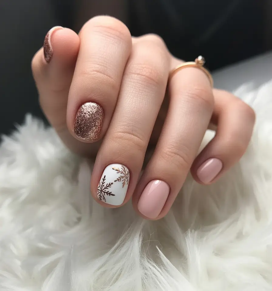 easy christmas nails design Golden Whisper & Snowflake Charm