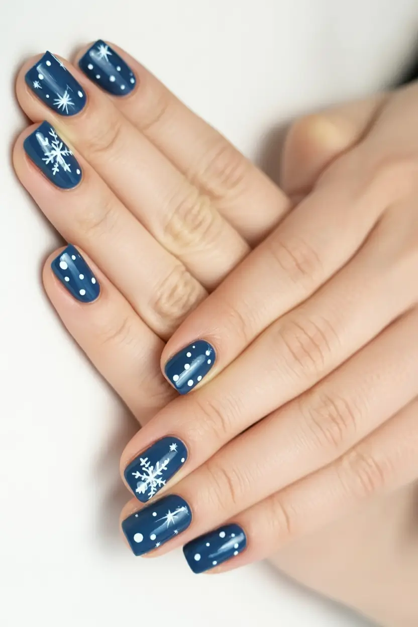 easy christmas nails art Midnight Snowfall Magic
