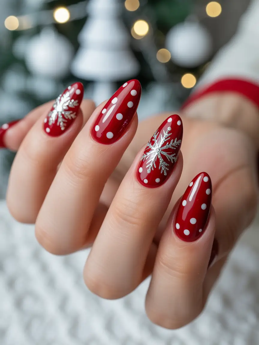easy christmas nails red Snowfall Red Delight