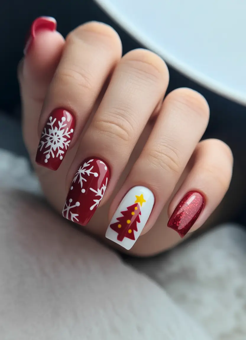 easy christmas nails ideas Classic Red & White Christmas Charm