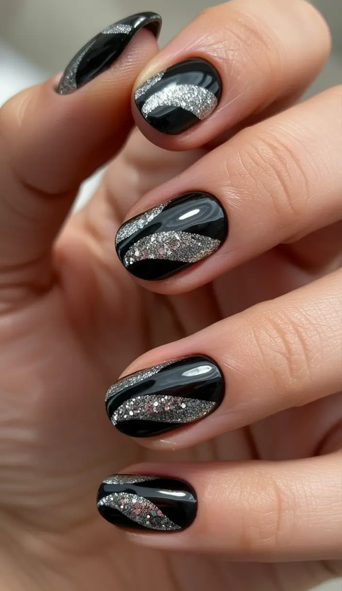 easy christmas nails acrylic Black & Silver Glam Waves
