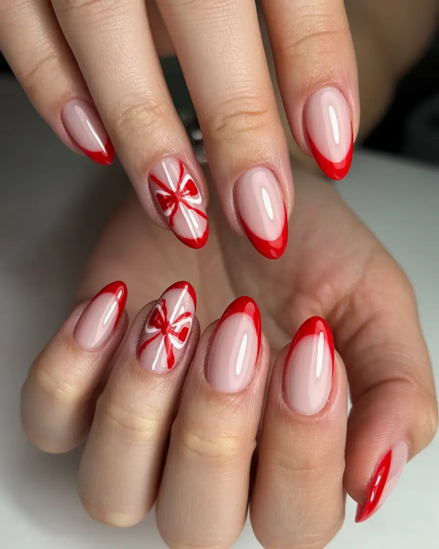 easy christmas nails red Red Ribbon French Chic