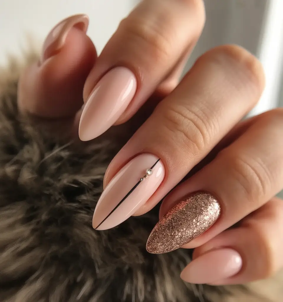 easy christmas nails simple Soft Nude Spark & Minimal Line