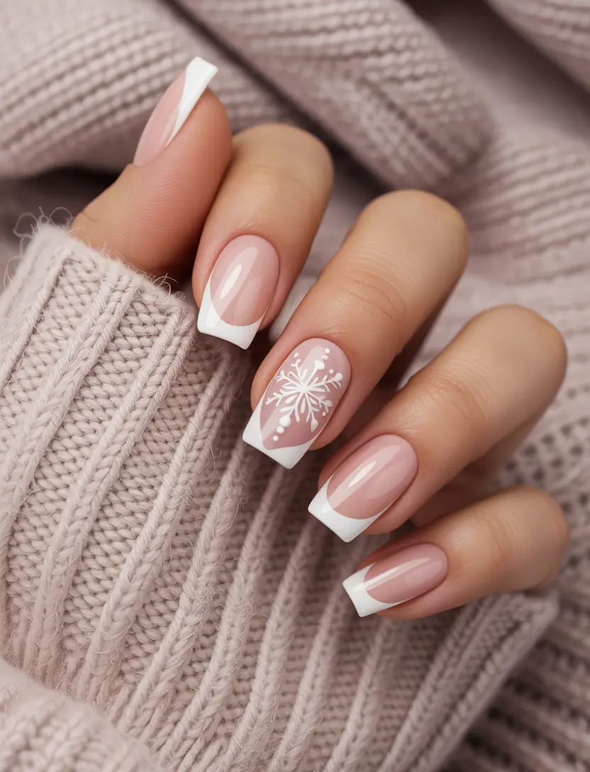 easy christmas nails square Snowflake French Serenity