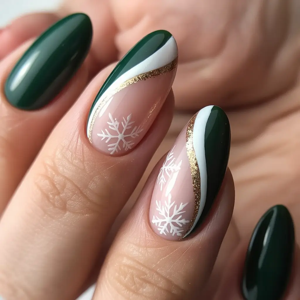 easy christmas nails green Evergreen Swirl & Golden Glow