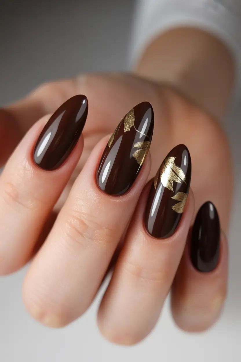 solid color nail inspo for fall Chocolate Luxe with Golden Leaves