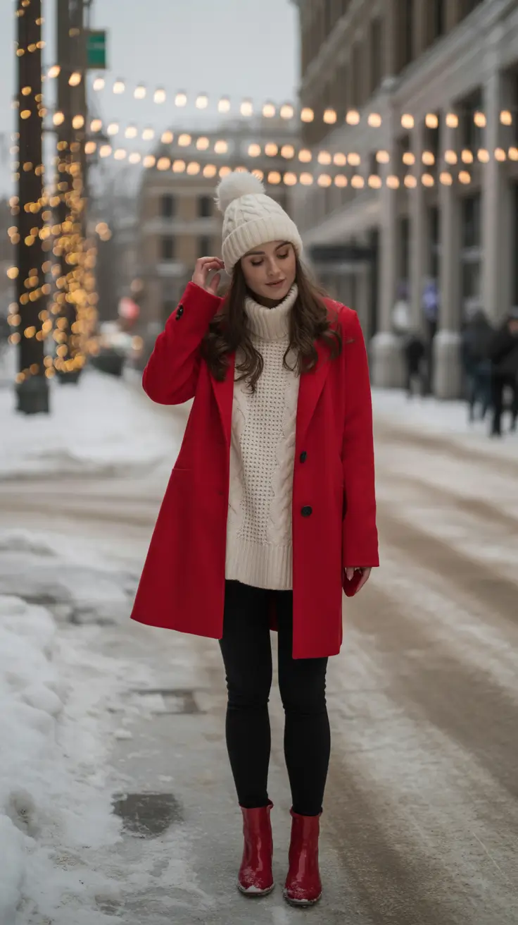 fall outfits ideas with black leggings red coat