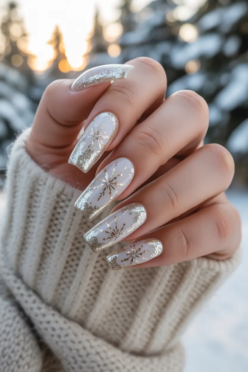christmas-gel-nails-designs-Golden-Snowlight
