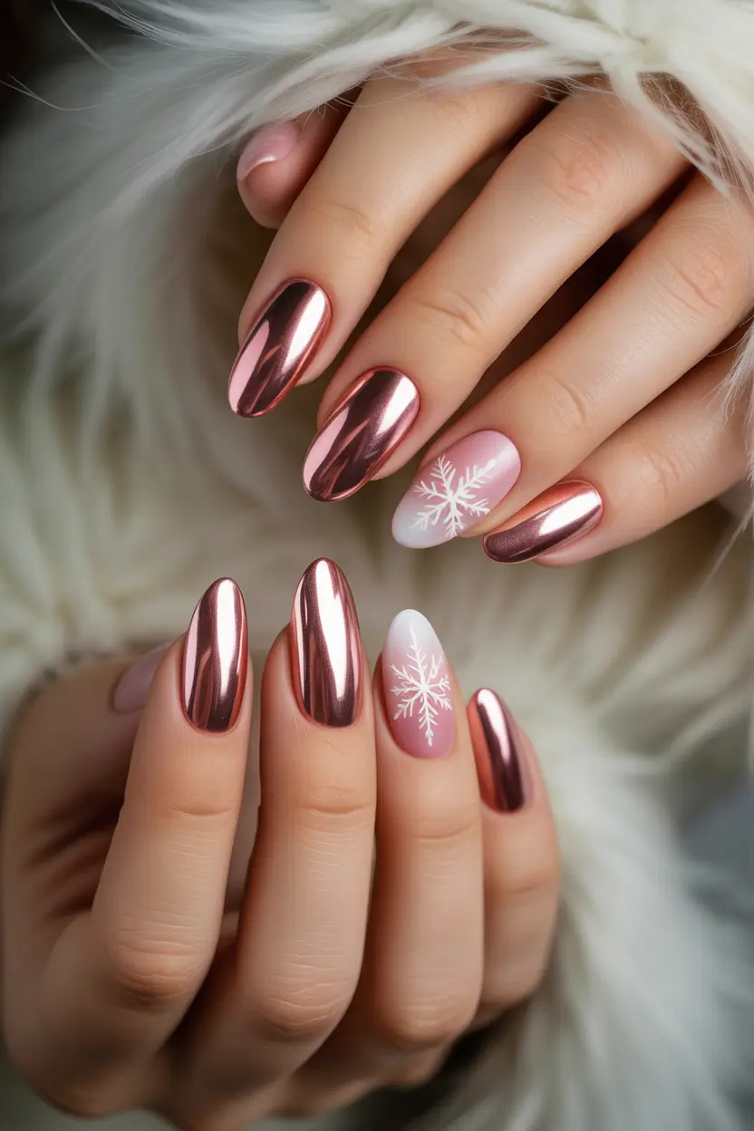 christmas-gel-nails-designs-Rose-Chrome-Snowfall