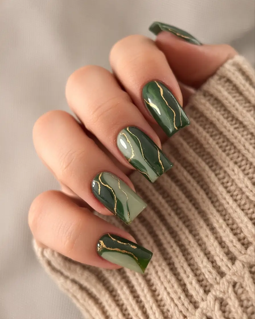 Green Christmas Nails 2025 Olive Marble Waves