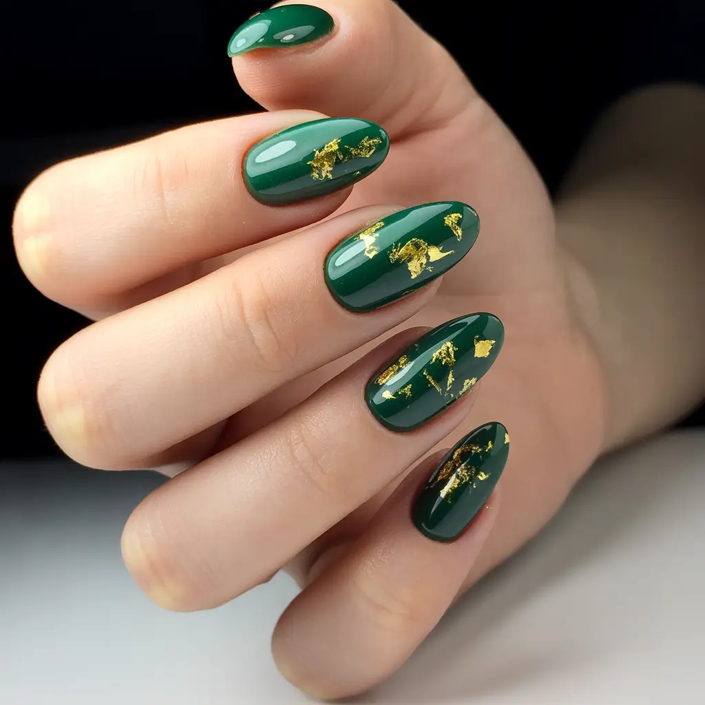 Green Christmas Nails 2025 Golden Leaf Elegance