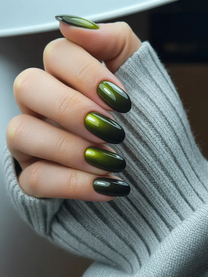 Green Christmas Nails 2025 Olive Chrome Fade