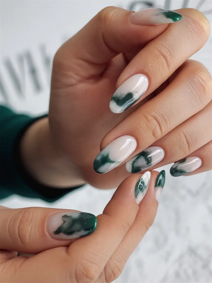 Green Christmas Nails 2025 Frosted Marble Veil