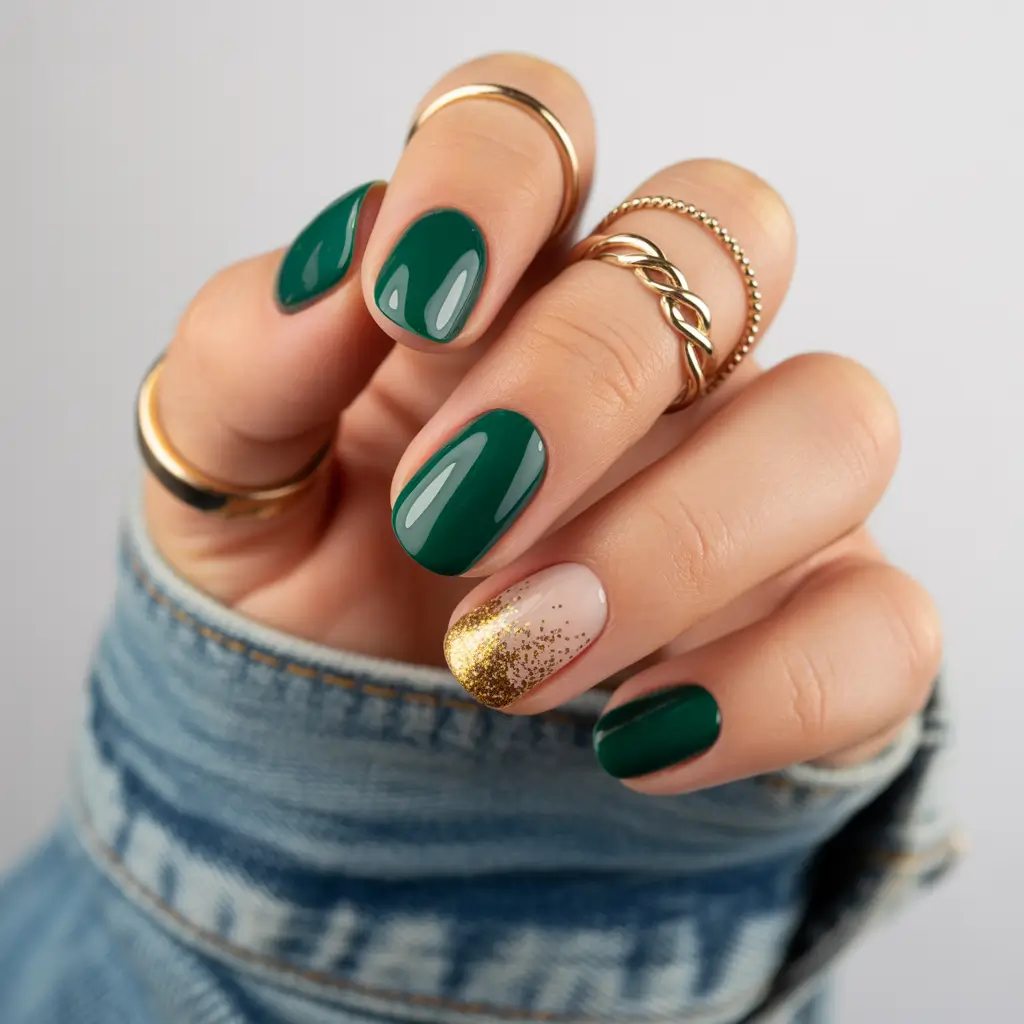 Green Christmas Nails 2025 Golden Dipped Tips