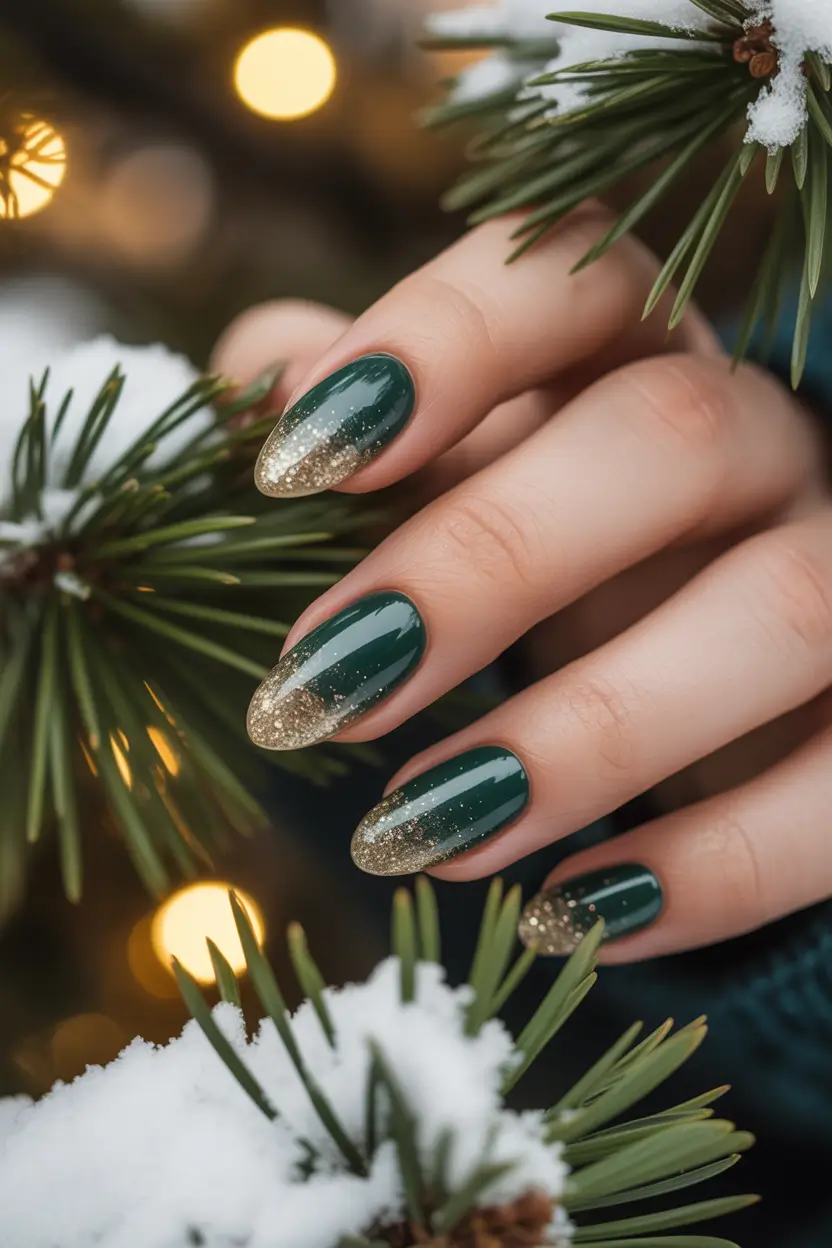 Green Christmas Nails 2025 Evergreen Glam with Gold Sparkle