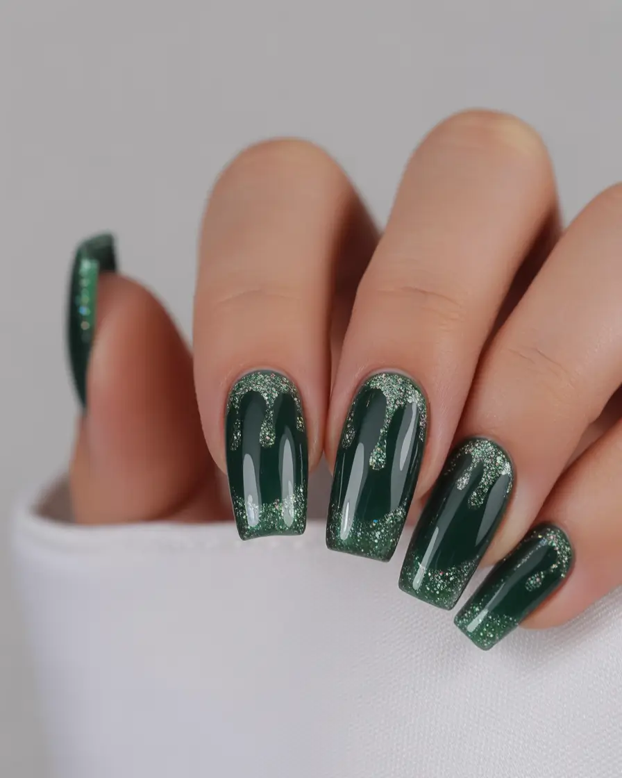 Green Christmas Nails 2025 Emerald Drip Sparkle