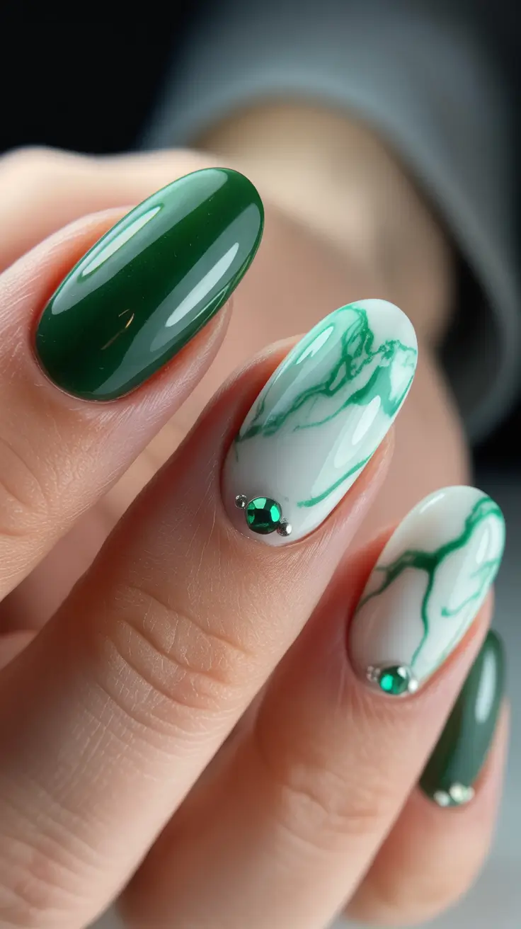 Green Christmas Nails 2025 Jade Marble Elegance