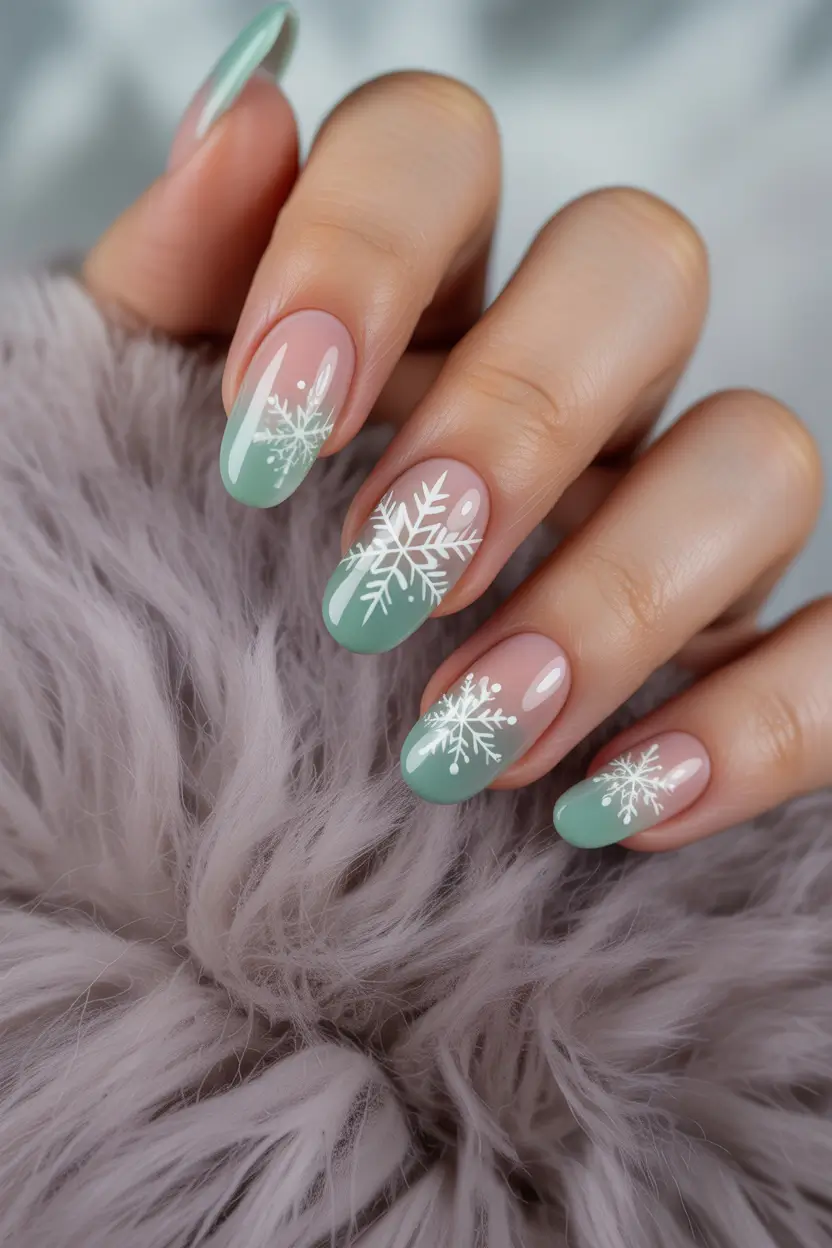 Green Christmas Nails 2025 Frosty Mint Snowflakes