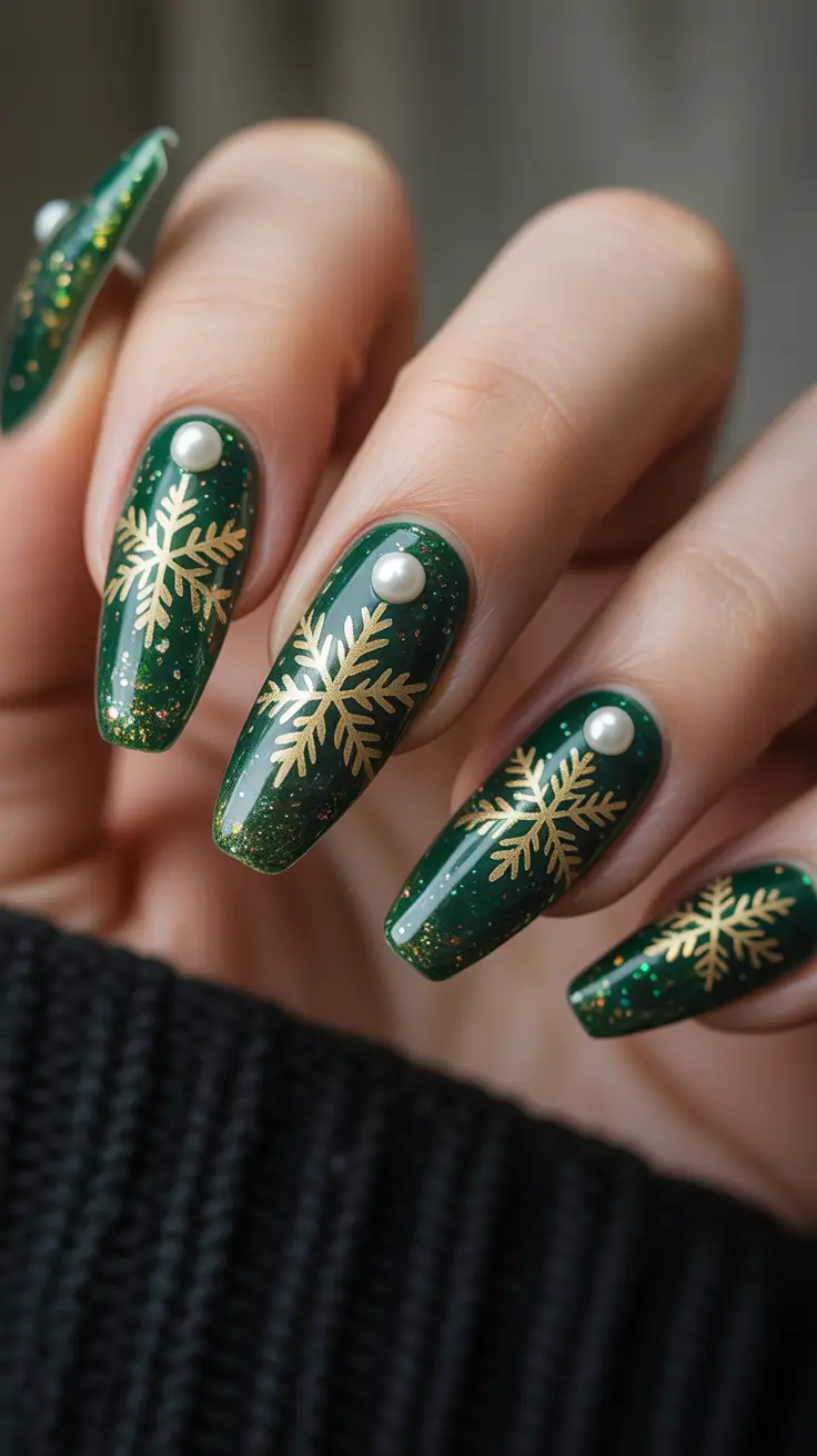 Green Christmas Nails 2025 Golden Snowflake Glam