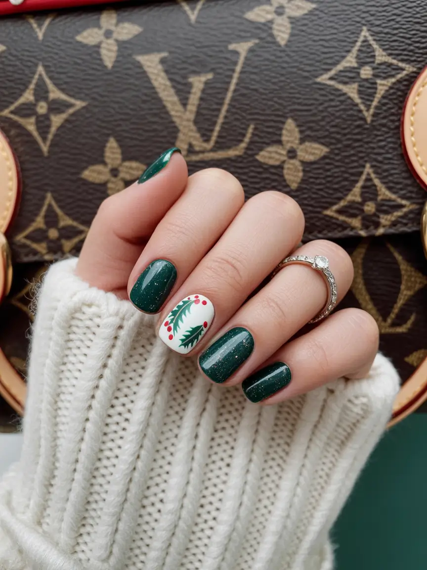 Green Christmas Nails 2025 Cozy Pine with Holly Touch