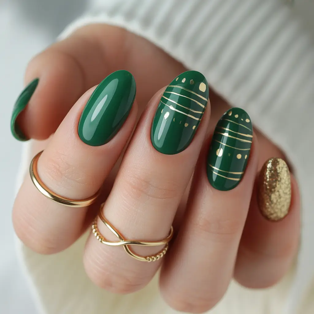 Green Christmas Nails 2025 Golden Holiday Harmony