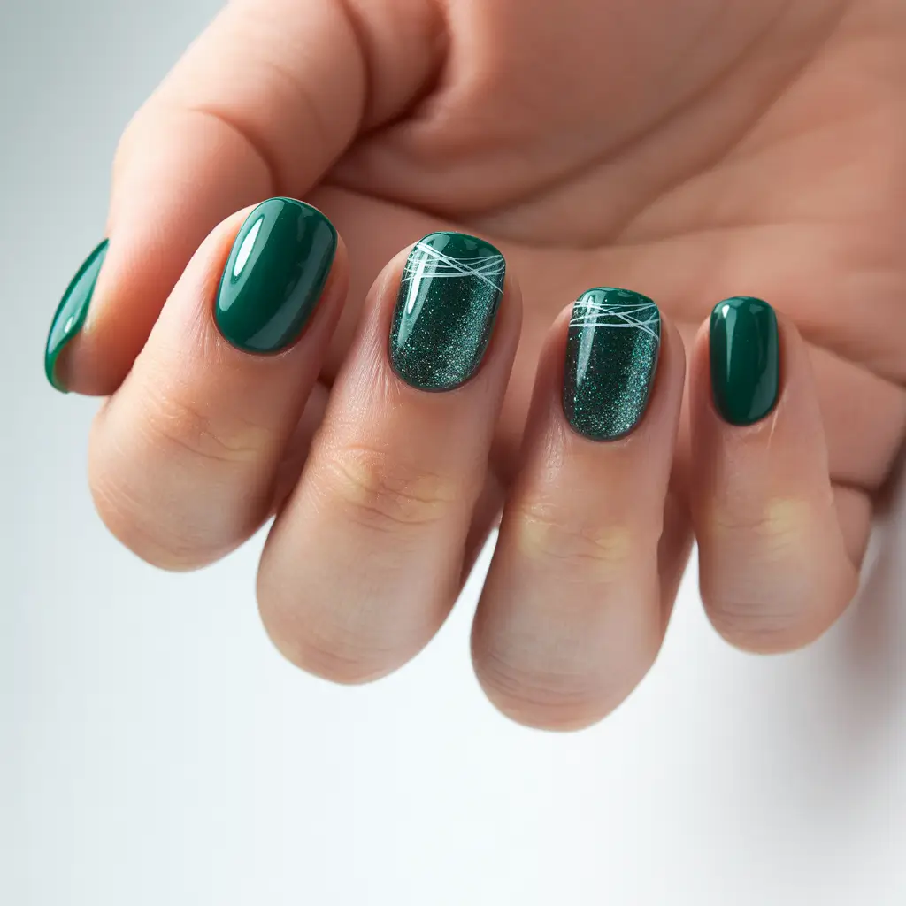 Green Christmas Nails 2025 Winter Lines and Sparkles