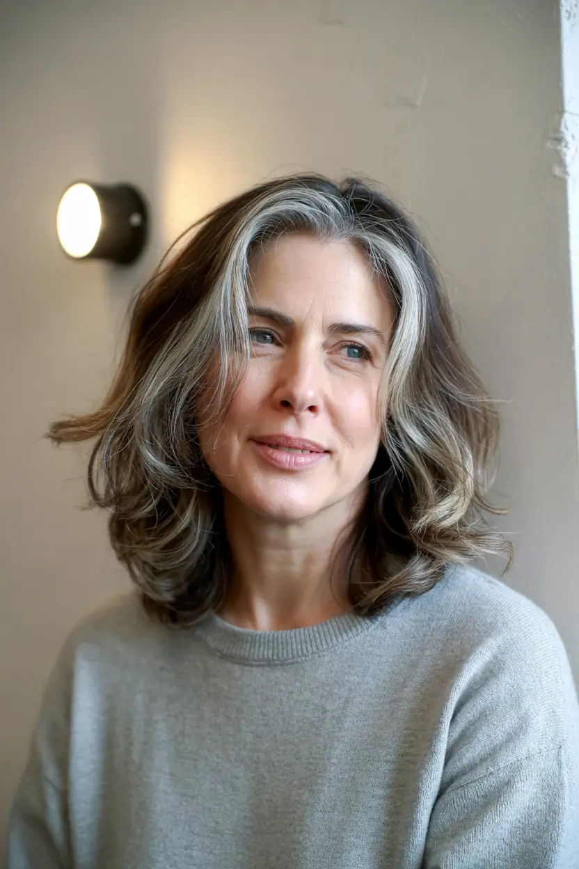 winter hairstyles and color for women over 50 natural brunette with silver highlights