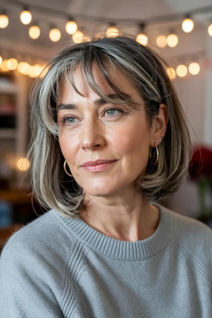 winter hairstyles and color for women over 50 salt and pepper bob with wispy bangs