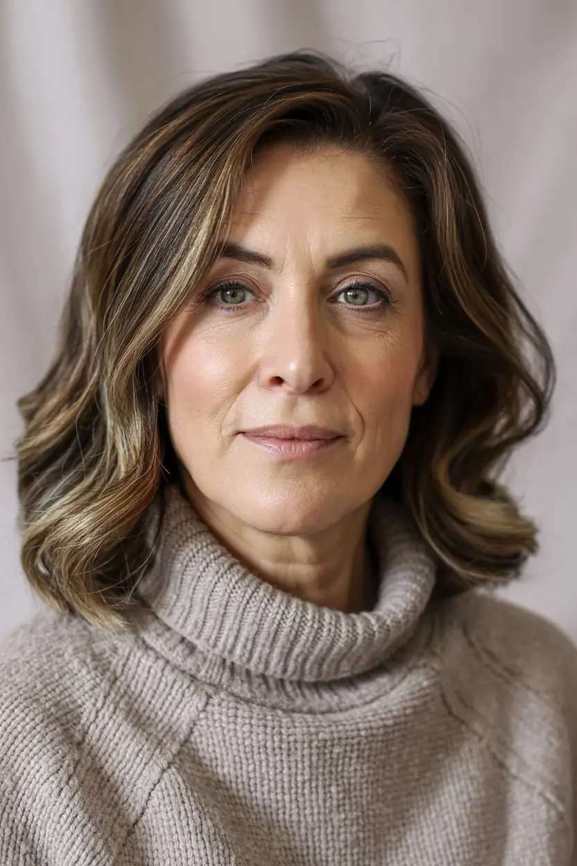 winter hairstyles and color for women over 50 warm brunette waves with soft contrast