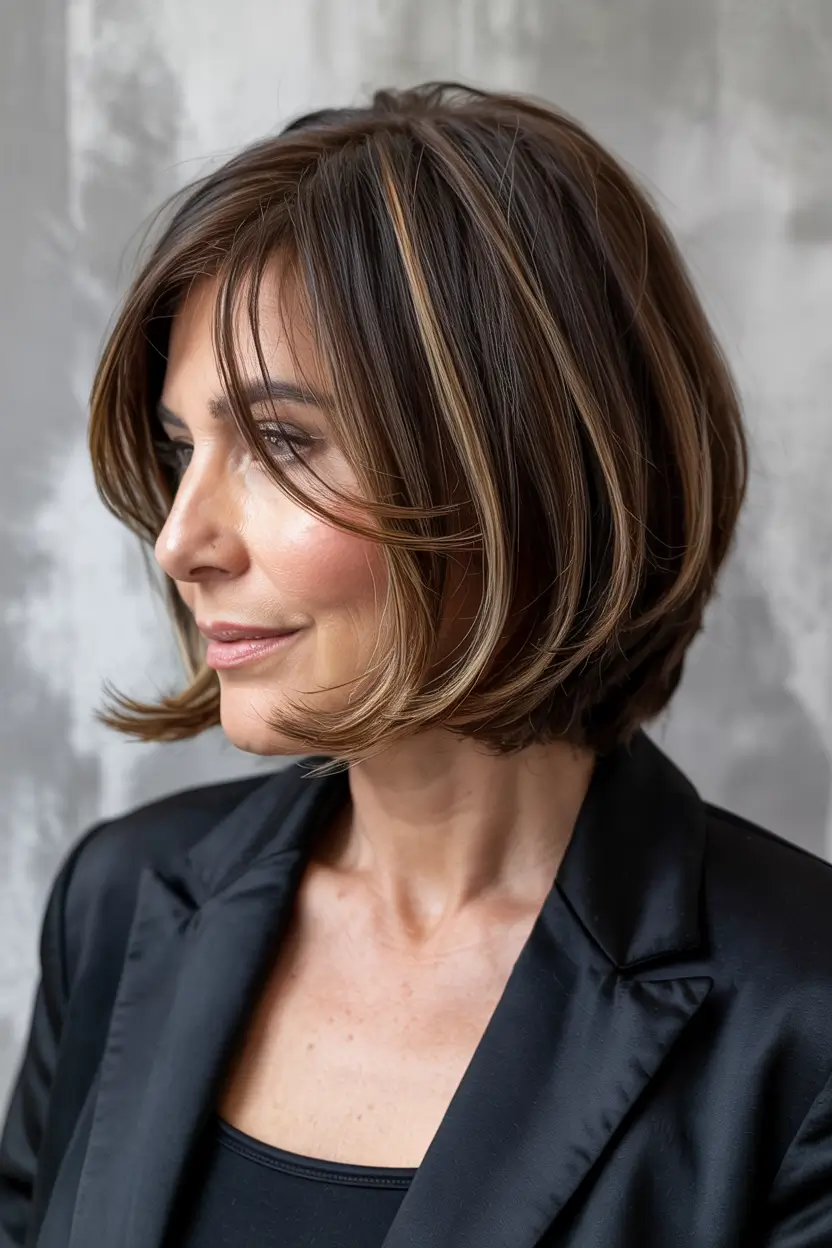winter hairstyles and color for women over 50 chocolate brown bob with honey strands