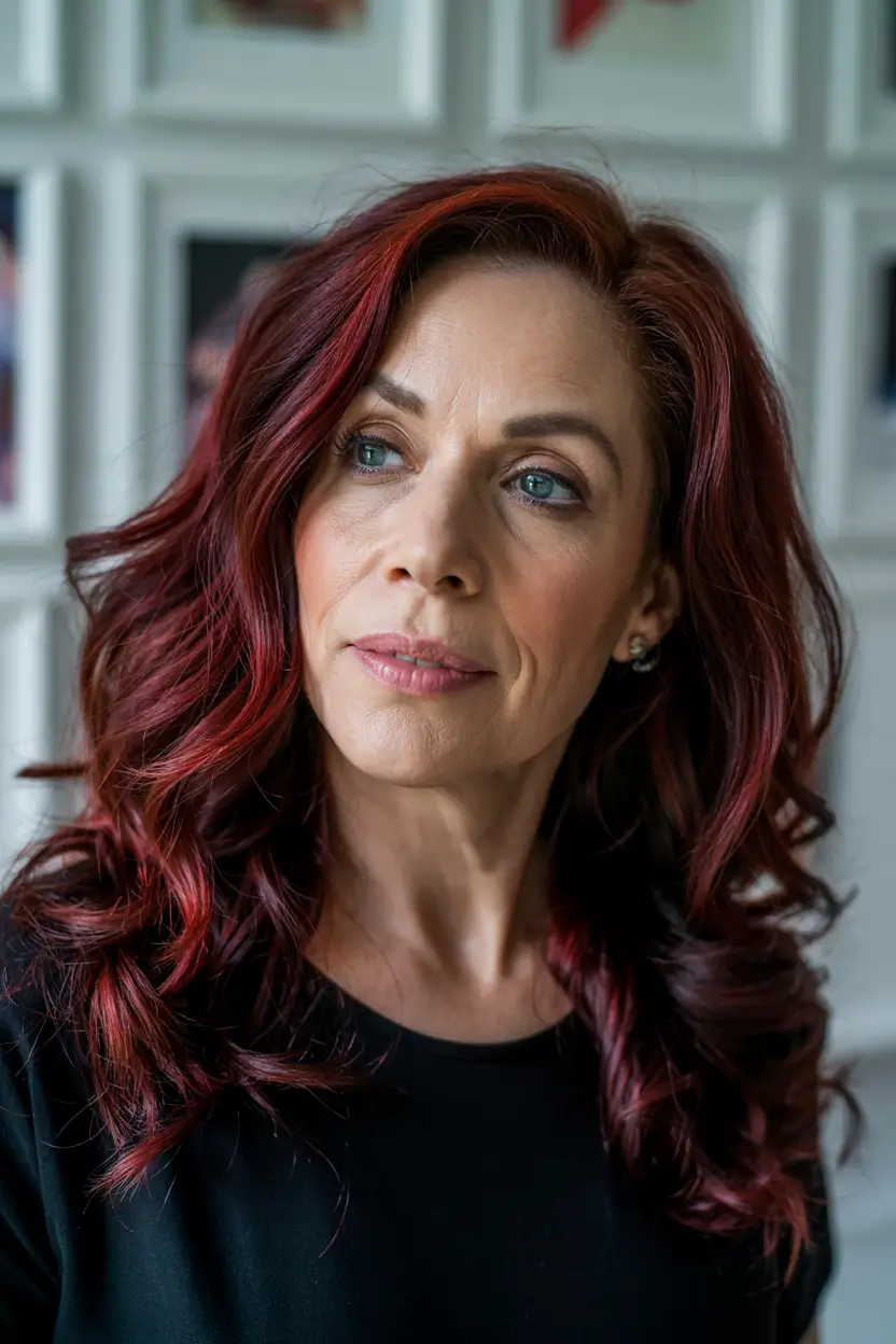 winter hairstyles and color for women over 50 vibrant red with cascading waves