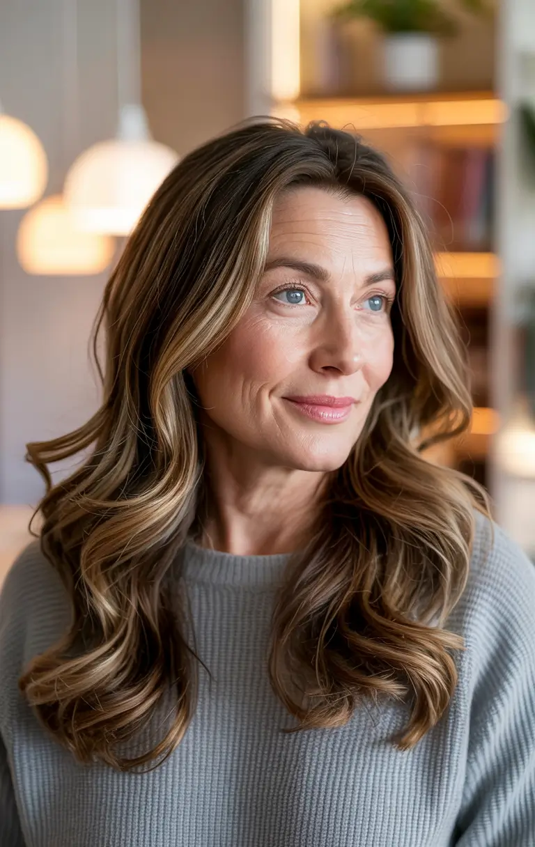 winter hairstyles and color for women over 50 Golden Flowing Layers