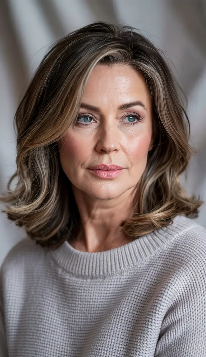 winter hairstyles and color for women over 50 Layered Honey Brunette Volume