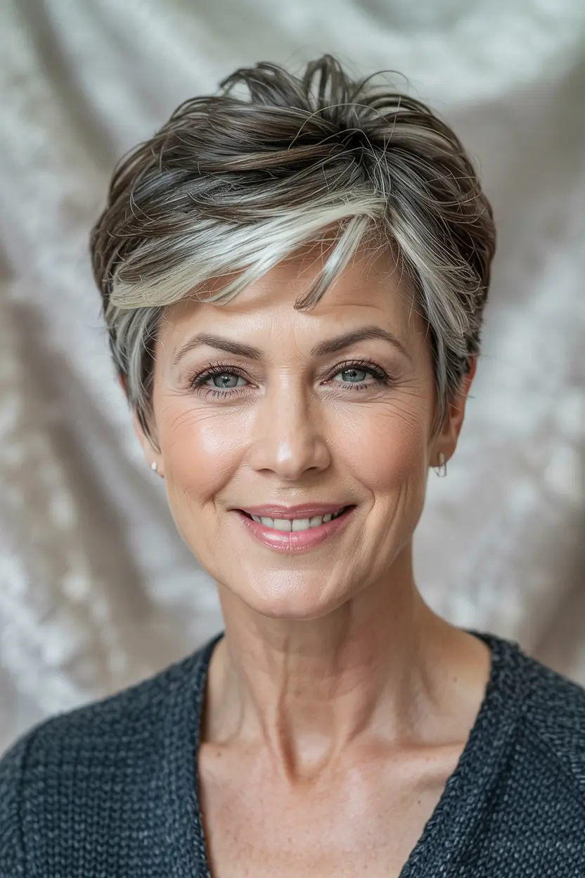 winter hairstyles and color for women over 50 Chic Pixie Contrast