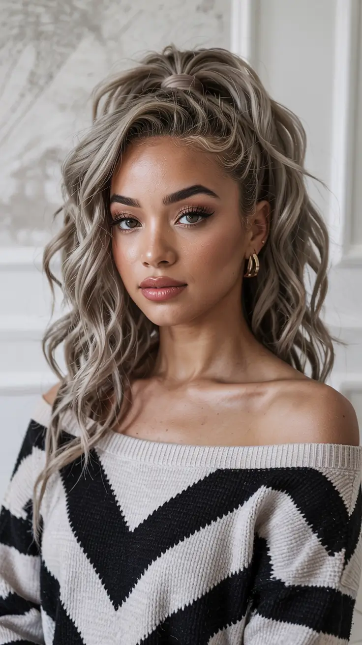 winter-hairstyles-for-black-women-color-Frosted-Blonde-Half-Up-Curls
