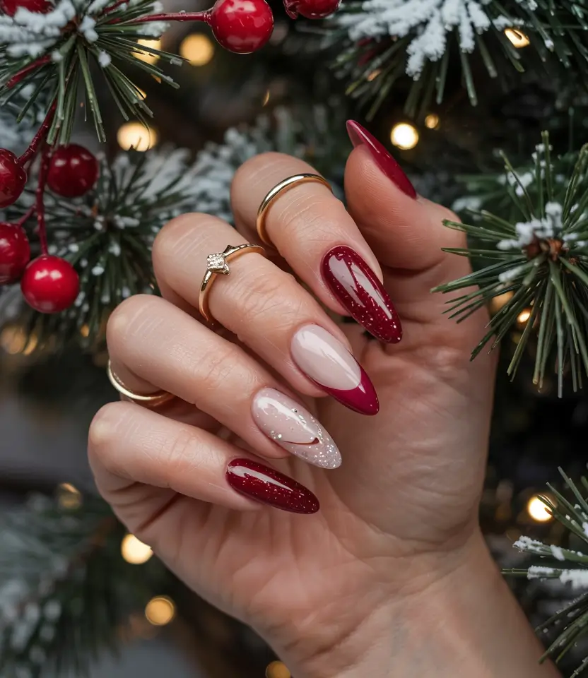 long winter nails almond Cherry Frost French