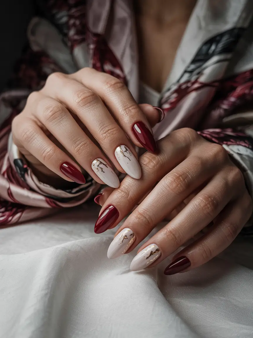 long winter nails acrylic Crimson Marble Whispers