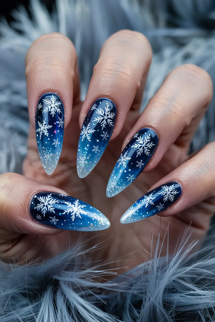 long winter nails blue Midnight Snowfall Gradient