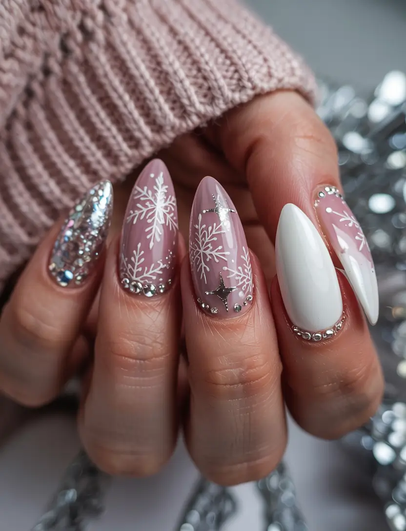 long winter nails pink Frosted Blush Sparkle