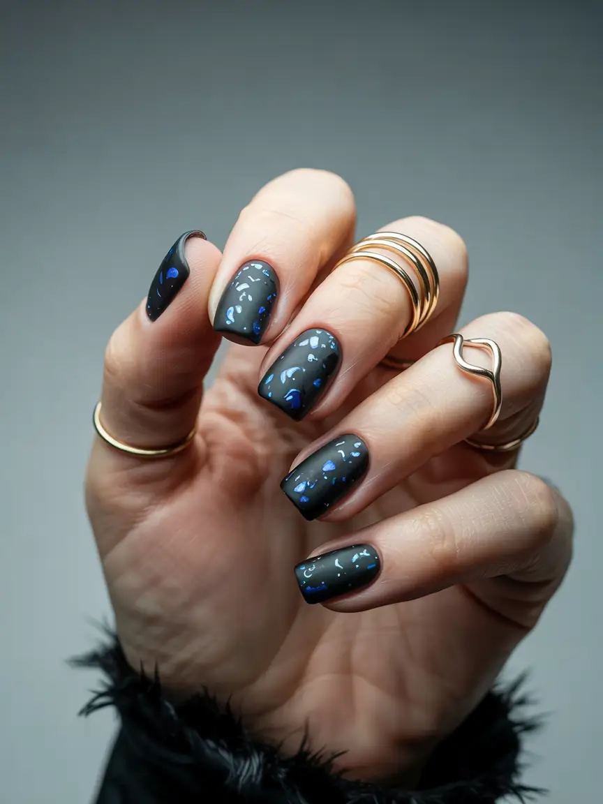 winter acrylic nails blue Cosmic Black Spark