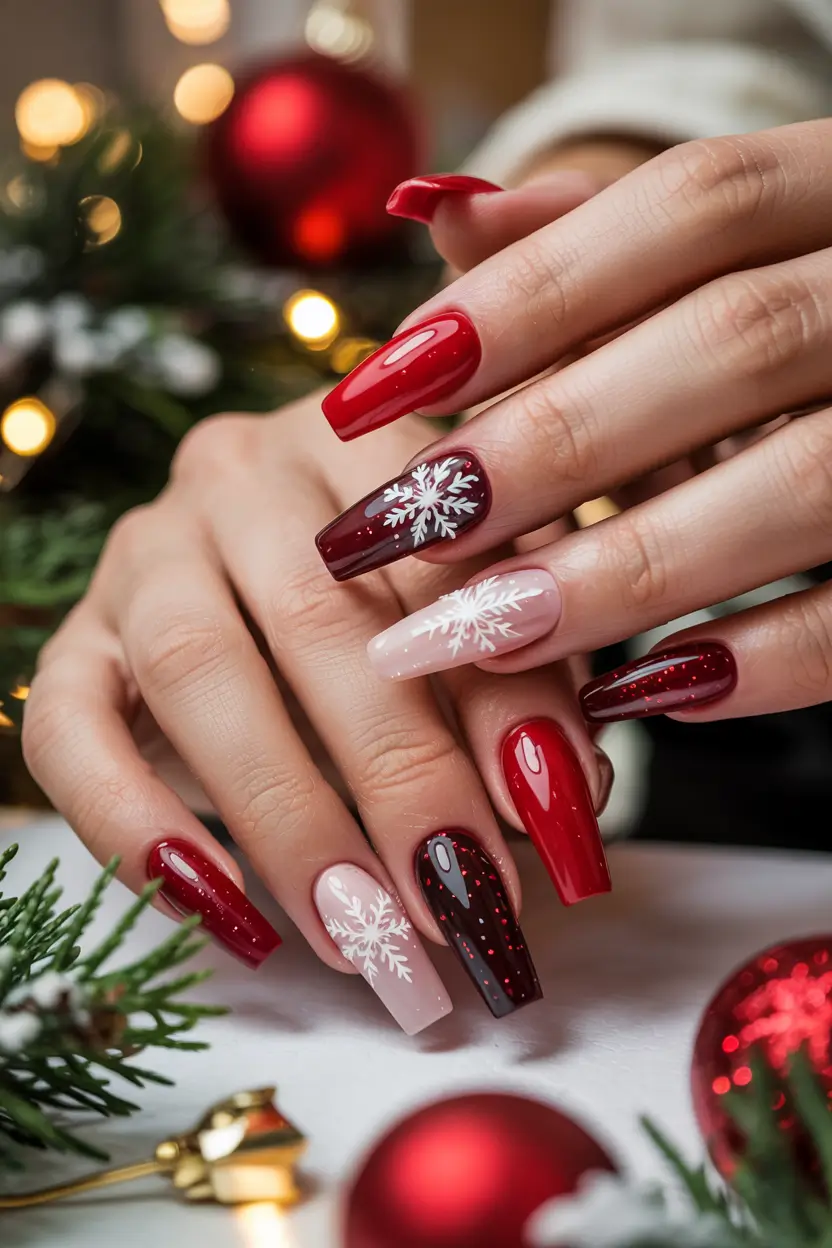 winter acrylic nails red Festive Snowflake Mix